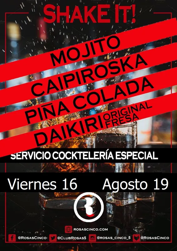 Cartel del evento Shake It! — Noche de cócteles en Club Rosas Cinco, Barcelona (Viernes 16 agosto 2019)