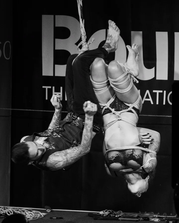 Jordi Lucena in an inverted shibari suspension, BoundCon 2024 (Germany)