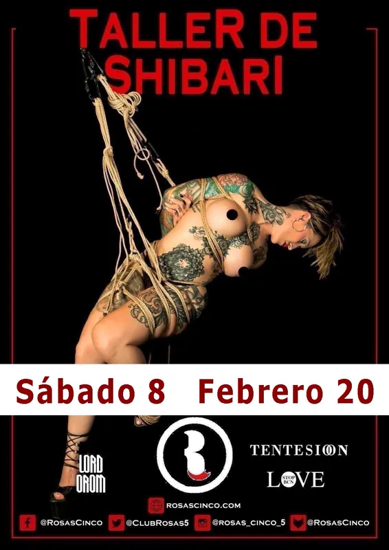 Poster of the shibari workshop at Rosas Cinco, Saturday 8 February 2020