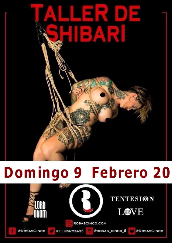 Poster of the shibari workshop at Rosas Cinco, Sunday 9 February 2020